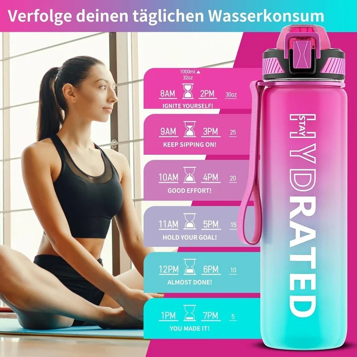 QLUR Trinkflasche 1L BPA-Frei mit Strohhalm und Zeitmarkierung Lila Grün – Bild 2
