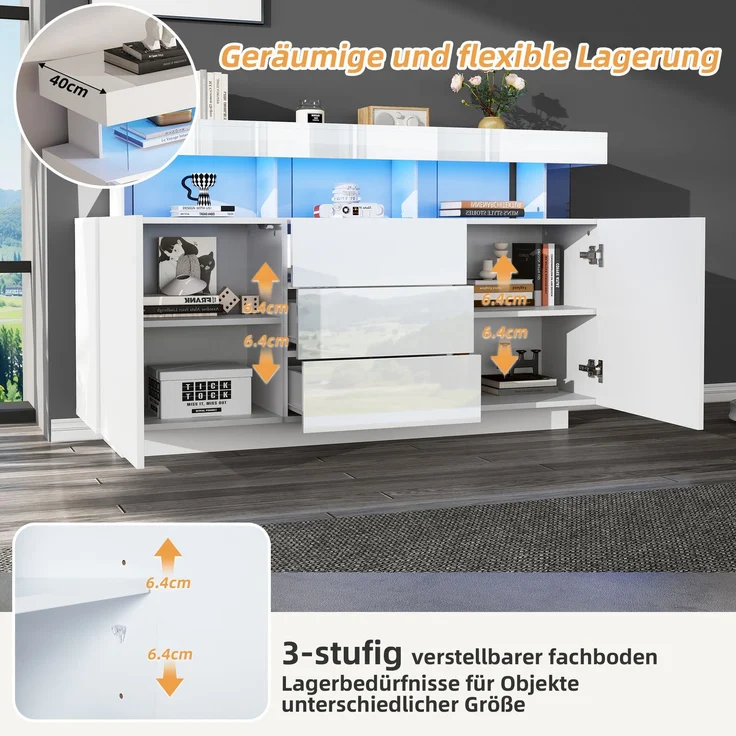 ZUBALIYA Sideboard 140x35x80 cm, mit LED-Beleuchtung, Hochglanz, aus Spanplatte, Weiß – Bild 13