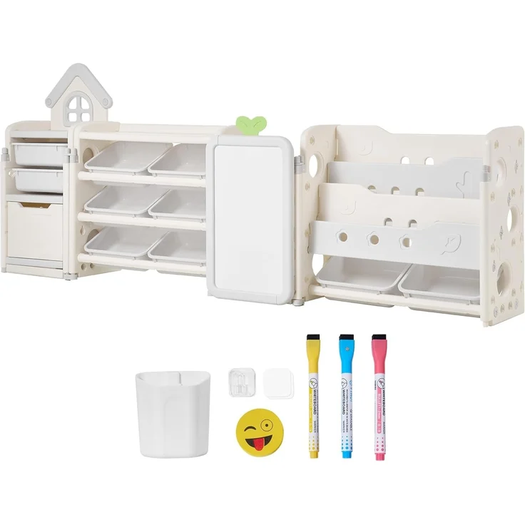 VEVOR Spielzeugaufbewahrung Bücherregal Spielzeugregal HDPE, 4-stöckige multifunktionale Ablage mit 10 flexiblen Kunststoffbehältern & Zeichenbrett, für Schlafzimmer Klassenzimmer (Grau + Beige) – Bild 9