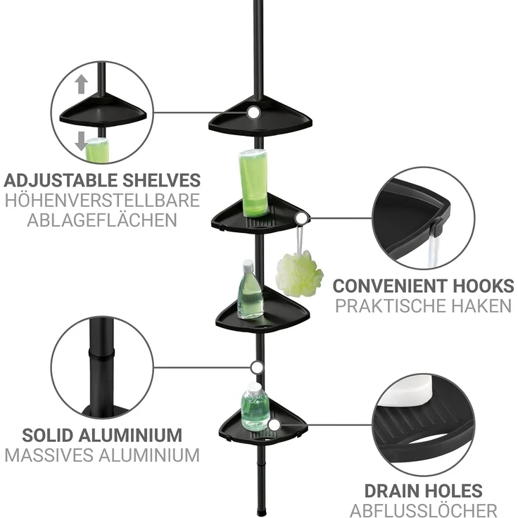 WENKO Duschregal Compact, Eckregal mit 4 Ablagen und 8 Haken, Montage ohne Bohren, Aluminium – Bild 5