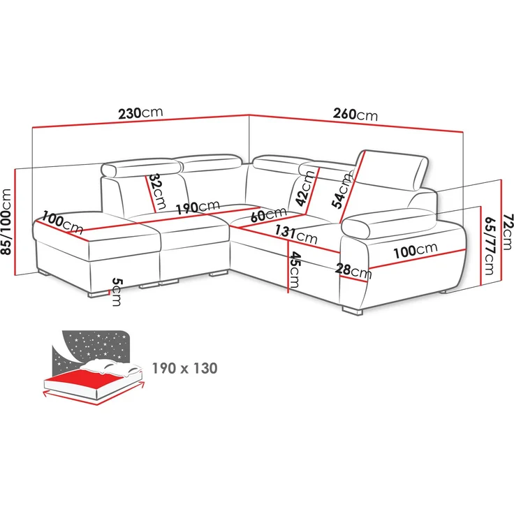 Ecksofa Boston 2RR1P mit Einstellbare Kopfstützen (Farbe: Flow 10, Seite: Links PUFAP+R+1P(65)+2R) – Bild 5