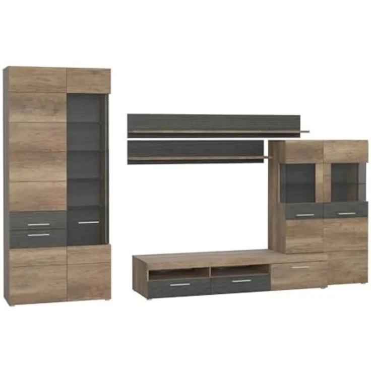 FORTE Nabou Wohnwand, Holzwerkstoff, Braun/Grau/Schwarz, 349 x 206,5 x 51,7 cm – Bild 2