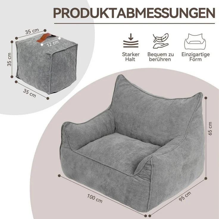 Puluomis Sitzsack Puluomis Riesen Sitzsack mit Fußhocker XXL, Beanbag Sofa 95x100 cm (Set) – Bild 3