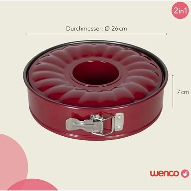 wenco Springform 26 cm, Kuchenform mit Flach- und Rohrboden, 2 Böden, runde Backform, auslaufsicher, antihaftbeschichtet, rot – Bild 3