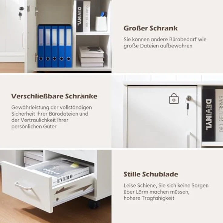 TUKAILAI Rollcontainer Abschließbar mit 3 Schubladen, Lagerung Fach und Offene Regale, Aktenschrank, Büroschrank mit Rollen, Dokumente in DIN-A4, Legal, Letter-Format, Büromöbel, Weiß – Bild 7