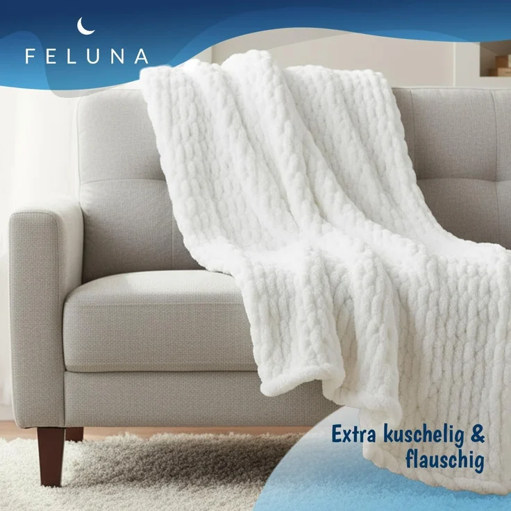 Wohndecke Grobmaschige Wohlfühldecke, Feluna, Flauschige Kuscheldecke Grobstrick Tagesdecke – Bild 2