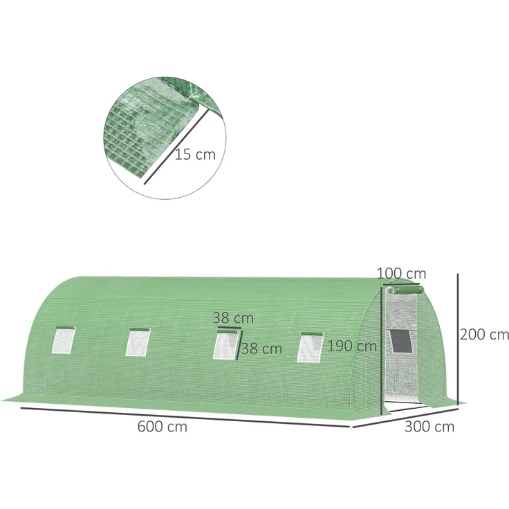Wohnora-Foliengewächshaus begehbares Polytunnel 6 x 3 m Gewächshaus mit 8 Fenster Treibhaus Frostschutz Stahlrohr Dunkelgrün,H 200cm x T 600cm x B 300cm,Grün
