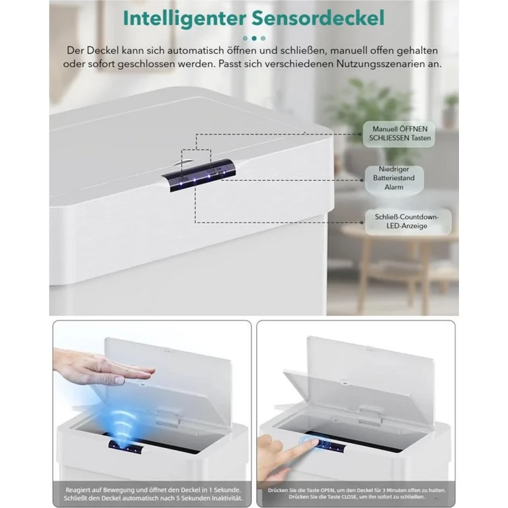 TLGREEN Mülleimer mit Sensor,automatischer Abfalleimer 30/50/60 L, mit Klemmring für Müllbeutel,Softclose-Deckel, Stahl – Bild 4