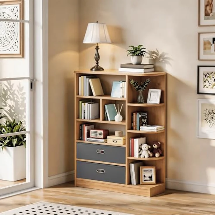 YITAHOME Freistehend Freistehendes Bücherregal mit 8 offenen Regalböden und 2 Schubladen (Stoffbezug) für Wohnzimmer, Schlafzimmer, Büro, Eichenfarbe, 80 × 24 × 115 cm (B × T × H) – Bild 4