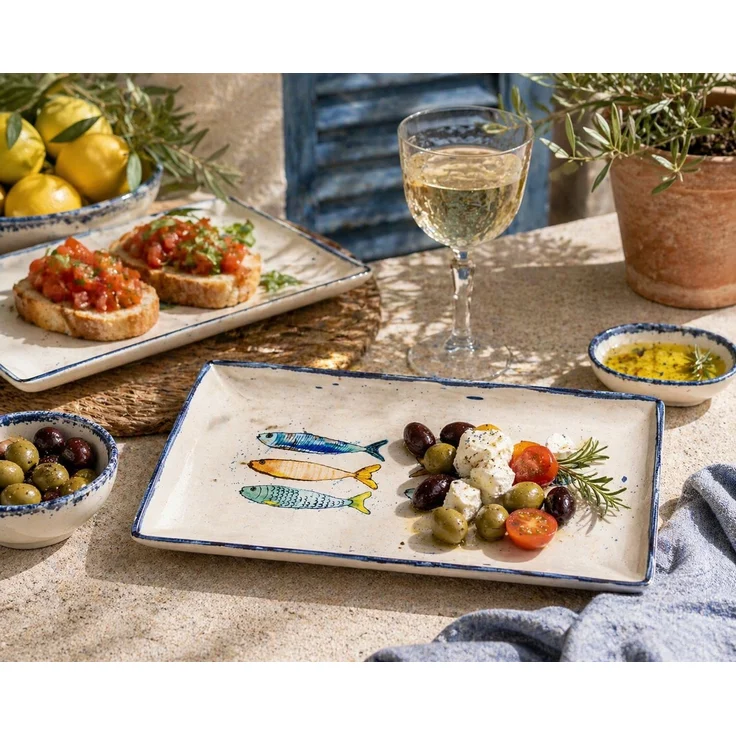 WestCraft Speiseteller Teller, mediterran mit Sardinen-Motiv, Maritime Servierplatte 25×15cm, (4 St), 2er Set, hochwertig und robust - langlebig und vielseitig einsetzbar – Bild 4