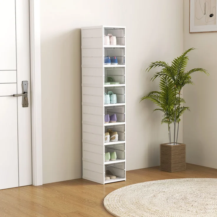 8-stufiges Schuhregal, Schuhschrank, faltbar, belüftete Rückseite, Kunststoff, Weiß--Weiß--140x26x35cm--YOUDENOVA – Bild 3