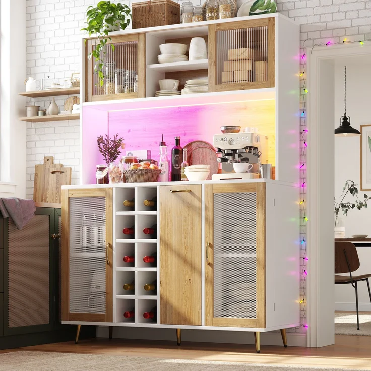 EINHOM Seitenboard / Aufbewahrungsschrank / Multifunktions-Küchenschrank / Buffetschrank, 120 x 40 x 180 cm, mit LED-Beleuchtung, Weinregal & Snackregal, 5 Türen, Integrierte Steckdose, Weiß mit Holzoptik – Bild 4