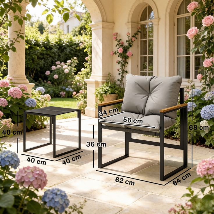 Gartenmöbel-Set mit 2 Sesseln 64 x 62 x 68 cm und Tisch 40 x 40 x 40 cm – Glasplatte, Schwarz und Grau – Bild 4