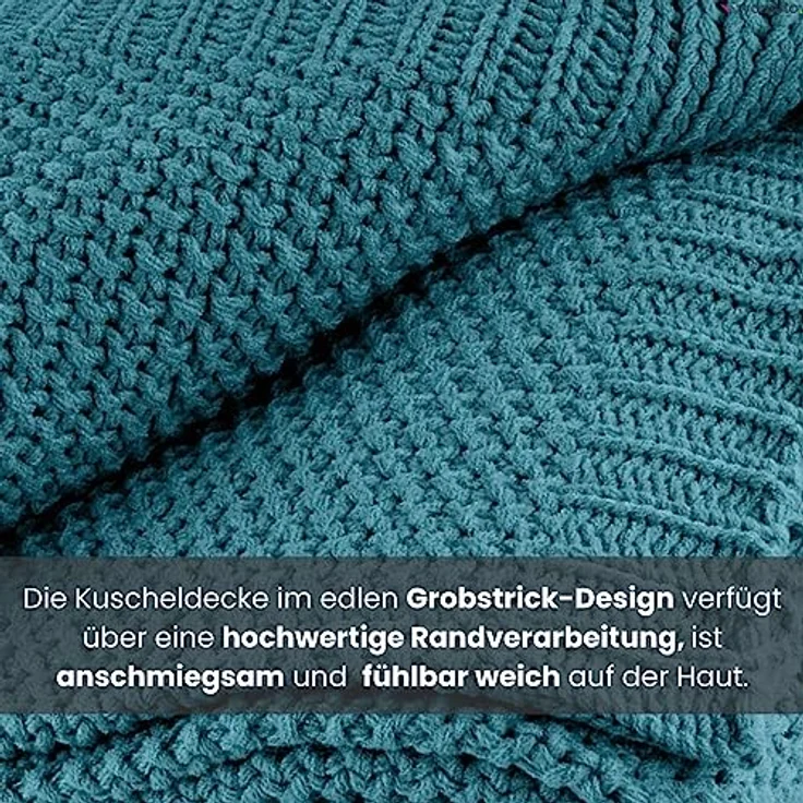 wometo Strickdecke, Türkis, 140x190 cm, Oeko-Tex® zertifiziert, pflegeleicht, hochwertige Grobstrick-Optik – Bild 5