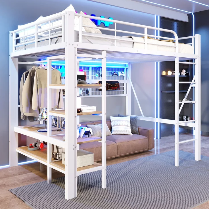 Hochbett, 140x200 cm, Eisenrahmen, Ablagefach, Netz zum Aufhängen von Gegenständen, mit Kleiderstange, offener Raum unter dem Bett, mit LED-Lichtleiste, ohne Matratze, Weiß – Bild 3