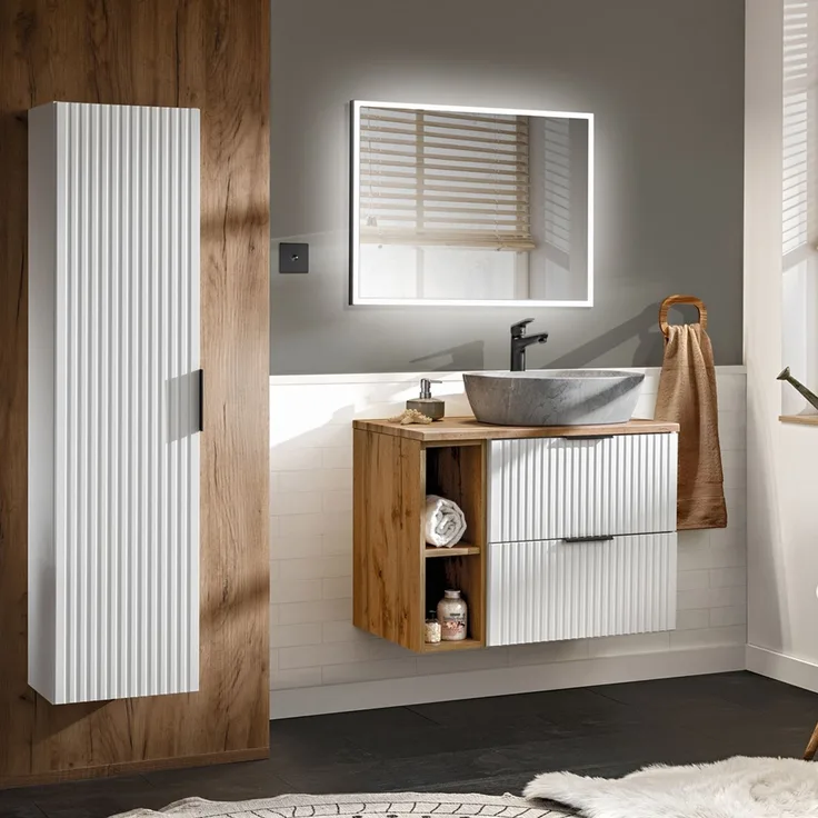 Badmöbel Set 3-teilig weiß ADELAIDE-56-WHITE Modern mit Eiche Nb, Front in Rillenoptik