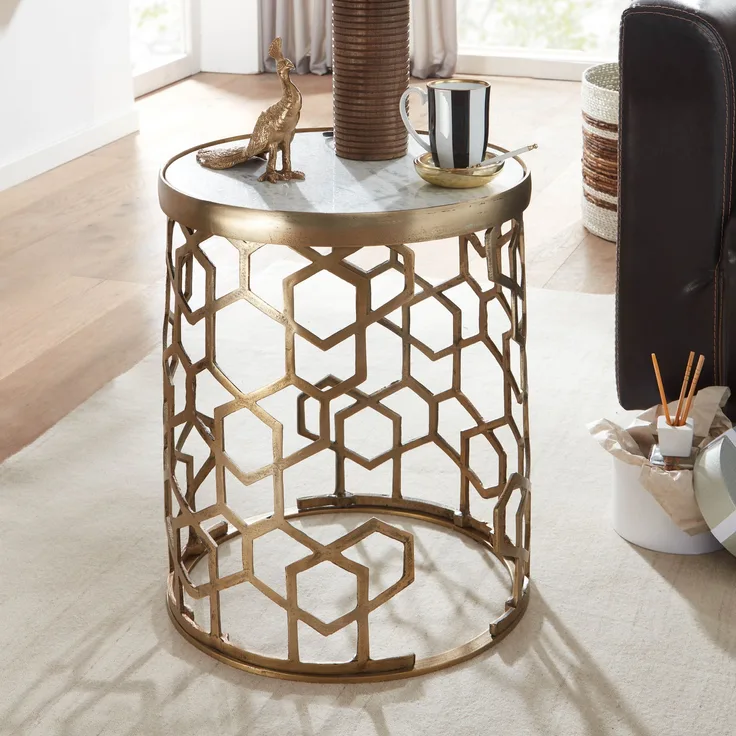FineBuy Beistelltisch Echter Marmor Weiß 44x44x55 cm Anstelltisch Metall Gold, Kleiner Sofatisch Rund, Wohnzimmertisch Couch Modern, Couchtisch Hoch