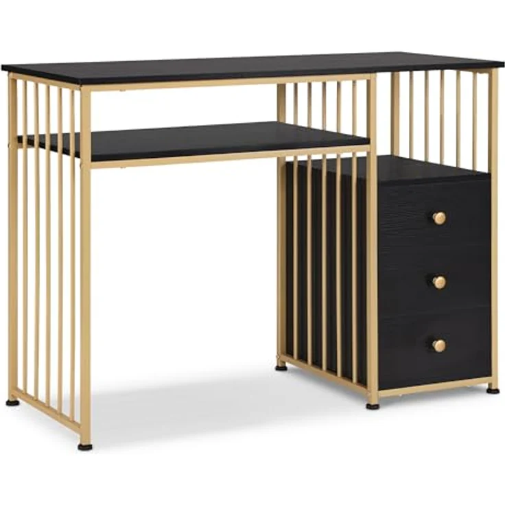 M MCombo Schreibtisch mit Schubladen, Schminktisch ohne Spiegel Schwarz-Gold, Nageltisch aus Holz Metallgestell, Computertisch Wohnzimmer Modern, 45,5 x 109 x 81cm, 2407GBK – Bild 2
