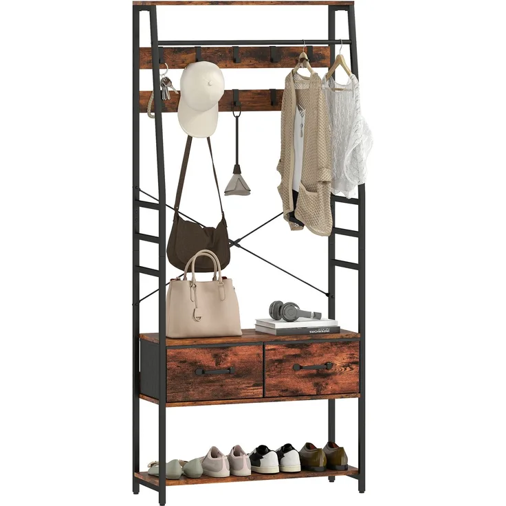 MELAYR, Garderobe mit Schuhregal, Mantelständer mit Sitzbank, 10 Haken, 80 x 30 x 180 cm, Rustikal-Braun