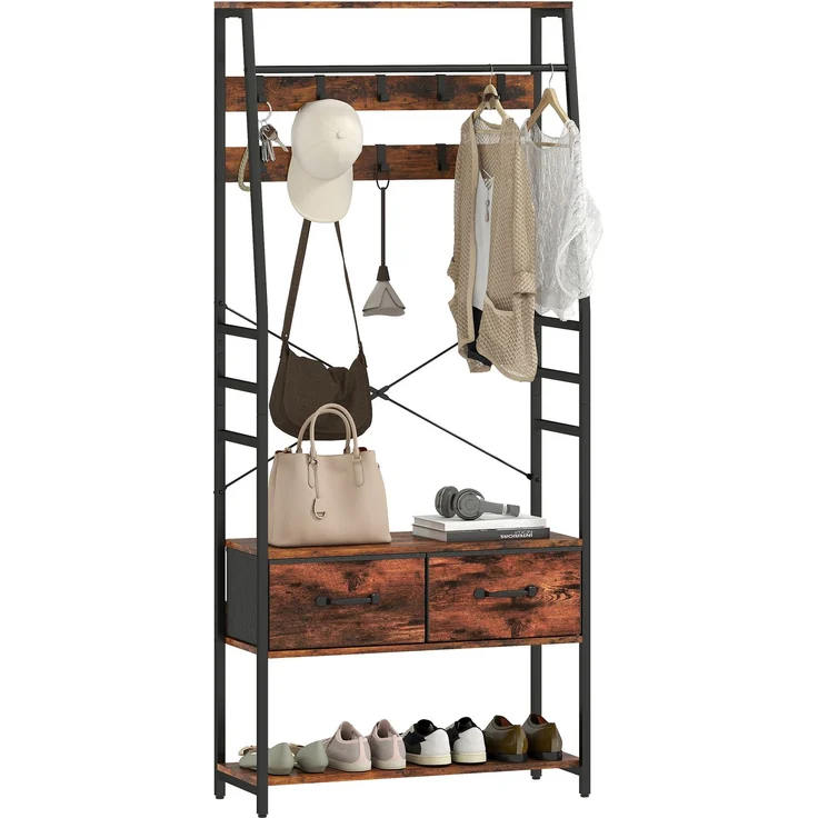 MELAYR, Garderobe mit Schuhregal, Mantelständer mit Sitzbank, 10 Haken, 80 x 30 x 180 cm, Rustikal-Braun – Bild 1
