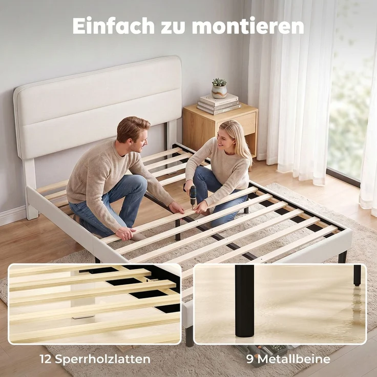 HOMCOM Bettgestell, Polyester, Sperrholz, Beige, 153 x 207 x 115 cm – Bild 6