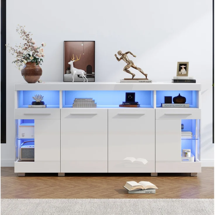 DESVIAE Sideboard mit LED-Beleuchtung und 3 Schubladen, 140x70x40 cm, MDF und Spanplatte, Weiß – Bild 2