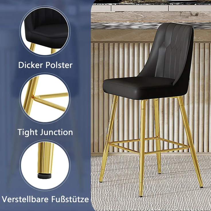 2er-Set Barhocker, Höhe 100 cm, schwarzes PU-Leder mit goldfarbenem Metallgestell und komfortabler Fußraste, In mehreren Farben erhältlich – die ideale Wahl für Ihre Hausbar.--Schwarz + Gold--42x45x100cm--YOUDENOVA – Bild 6
