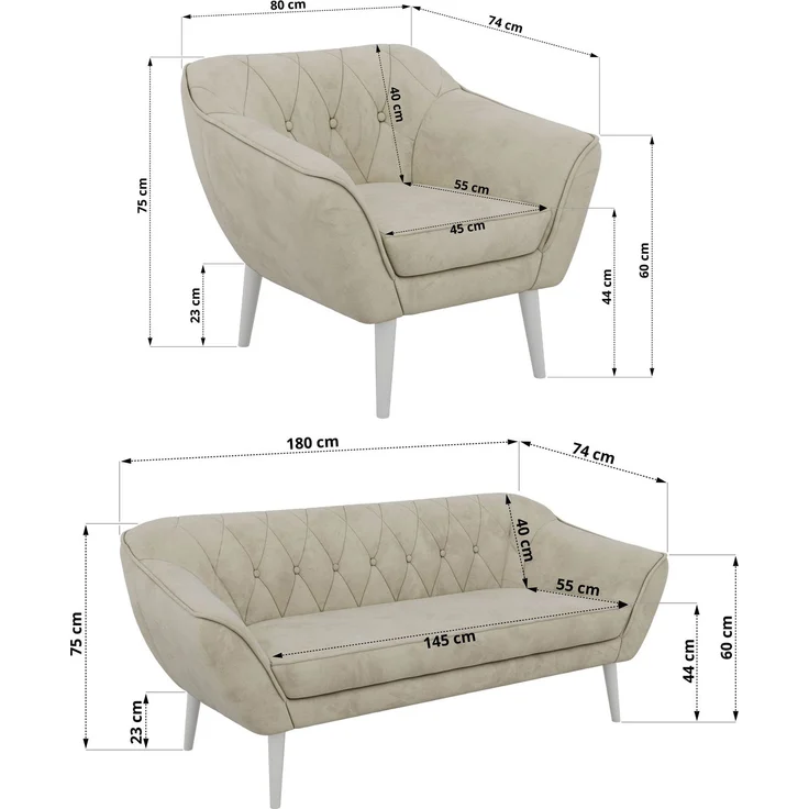 Wohnzimmerset PIRS 1-1-3, Skandinavisches 3-Sitzer Sofa mit Sesseln, Sofa mit Wellenfederung, weiße Füße, Skandinavisches Möbelset - Beige Velvet – Bild 5