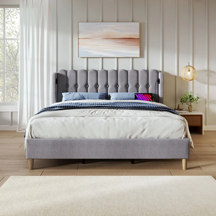 Einzelbett 160x200 cm Grau Leinen mit USB & Type-C Ladeanschluss,gepolstertes Kopfteil,Design-Paneel,stabiler Rahmen,inklusive Matratze – Bild 5