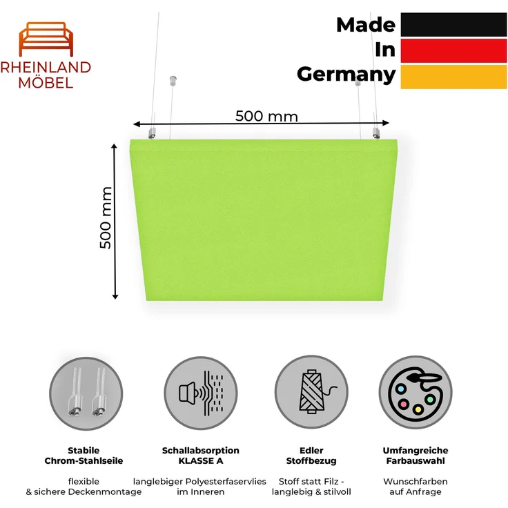 Rheinland Möbel FocusWall DAQ0505 – Quadratischer Akustik-Deckenabsorber 50×50 cm in Stofffarbe Madura inkl. Chrom-Stahlseilen - Made in Germany - Klasse A, Stoffbezug, schwer entflammbar – Bild 2