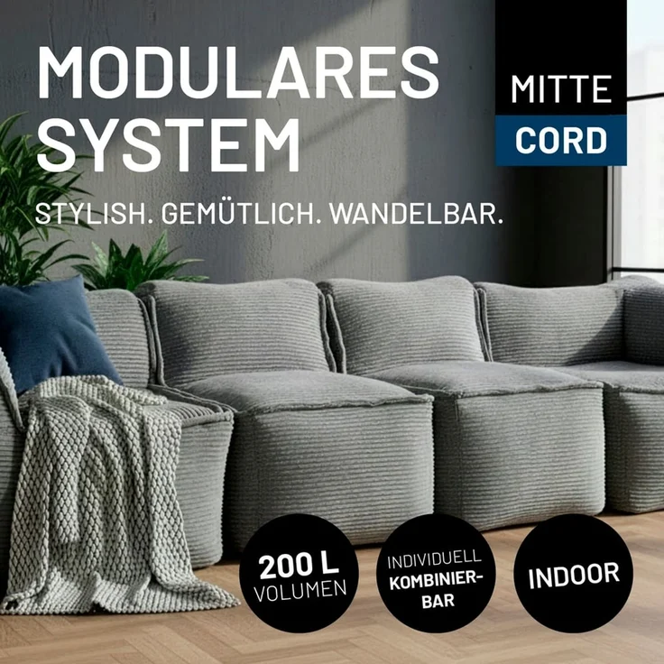 Lumaland Sitzsack-Sofa, Polyester, Mittelteil, Cord - Grau, 70 x 81 x 54 cm – Bild 3