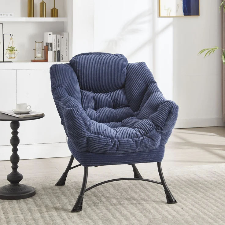 Flieks Loungesessel mit Hocker, ergonomischer Ohrensessel mit Stahlrahmen, weicher Cordstoff, Seitentasche, Blau – Bild 2