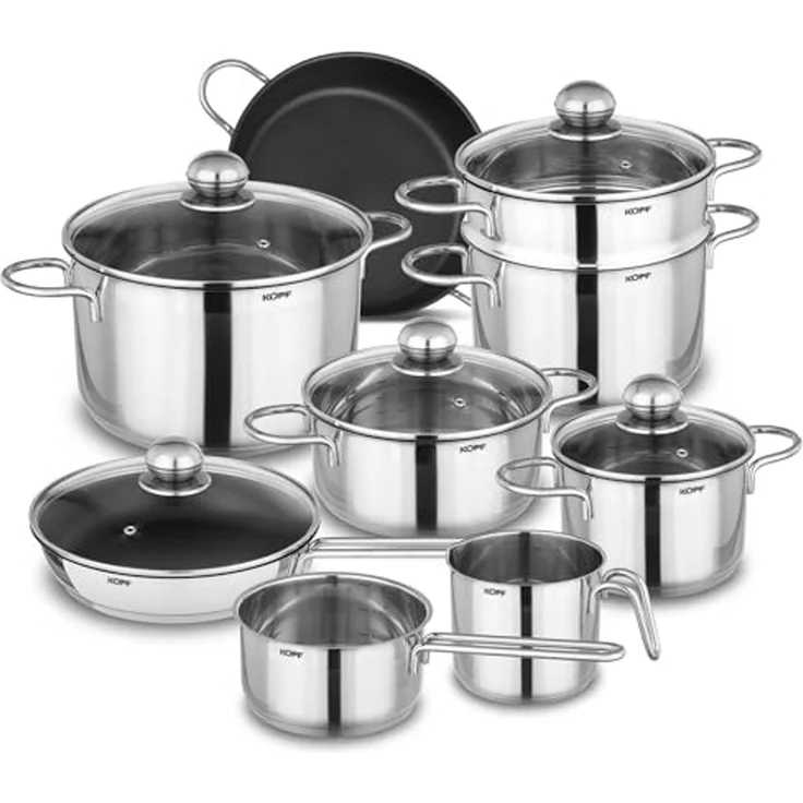 Kopf Topf-Set Josie, Edelstahl (14-tlg), Induktionstöpfe mit Schüttrand, Literskala und Glasdeckel – Bild 1