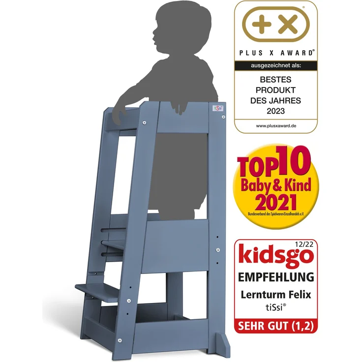 tiSsi 'Felix' Lernturm, Tritt 3-fach höhenverstellbar, Buche tauben blau, Massivholz – Bild 8