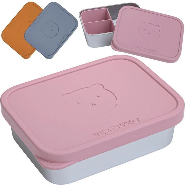 BEARFOOT Lunchbox Brotdose Kinder Edelstahl mit Silikoneinsatz - Rosa, Kindergarten und Schule - Mädchen und Jungen, Vesperbox, Snackbox