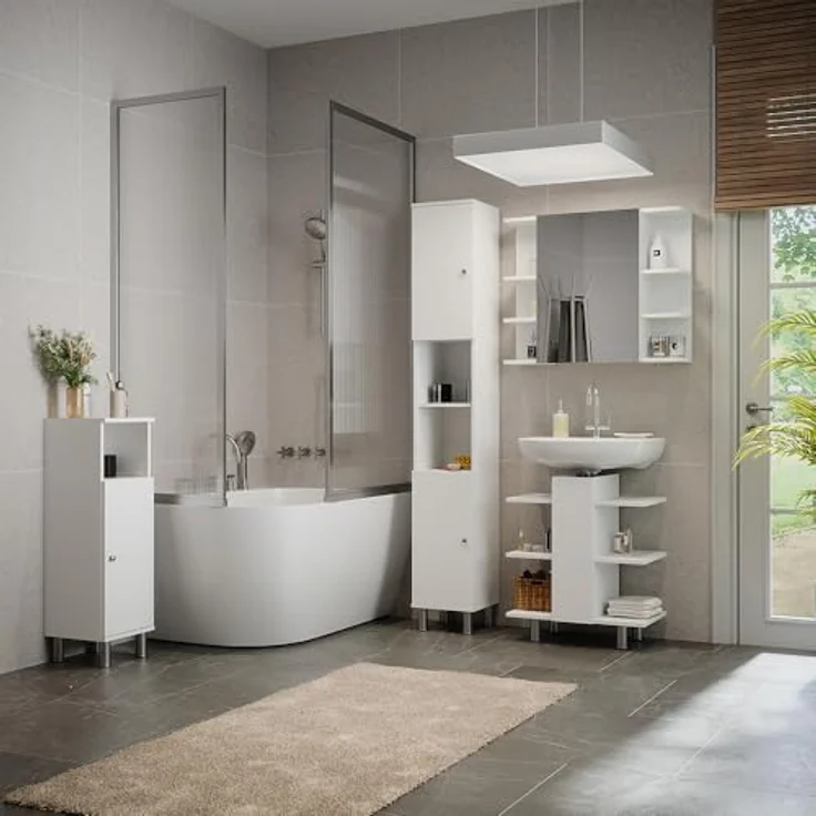 Vicco Fynn Badmöbelset, Weiß, mit Waschbeckenunterschrank, Spiegelschrank, Hochschrank und Midischrank – Bild 4