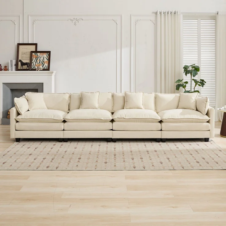 ZUBALIYA Sofa mit LED - Beleuchtung, mit Chenille - Bezug, mit Cordbezug, modular aufgebaut, aus Chenille, Beige – Bild 2