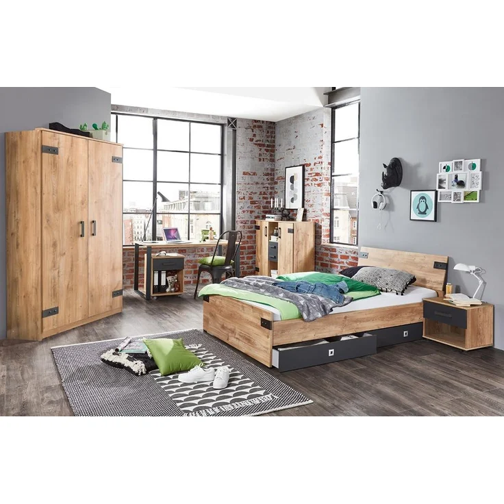 Jugendmöbel Set mit Bett 140 inkl. Nachttisch und Kleiderschrank 90cm und Schreibtisch Rollcontainer EVERTON-43 8-teilig – Bild 1