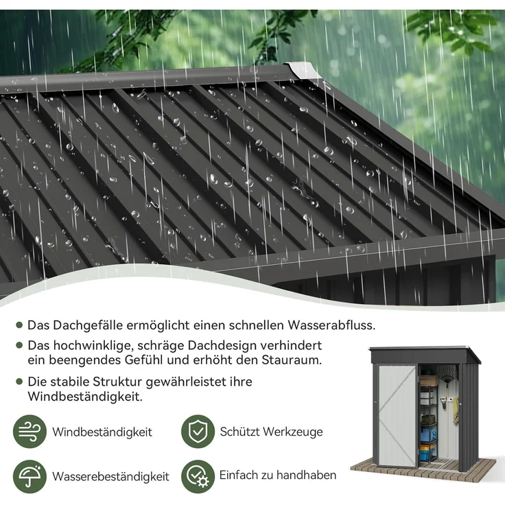 Aoxun Gerätehaus aus Metall, Maße 150x91x185cm, inklusive Bodenrahmen, Pultdach mit Belüftungslöchern, Tür mit Schloss, für Garten und Hof, Schwarz – Bild 3