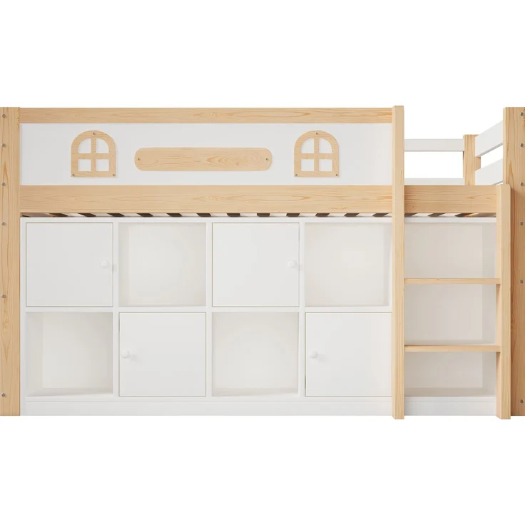 ZUBALIYA Halbhohes Bett, mit Ablagefächern und Leiter und Kreidetafel, Maße 90 x 200 cm, Weiß und Natur, Stockbett, fürs Schlafzimmer, Samt – Bild 15