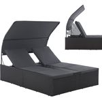 Juskys Polyrattan Doppelliege Syros - Garten Sonnenliege für 2 Personen - Outdoor Liege mit Dach & Auflagen - Kopfteil verstellbar - Schwarz