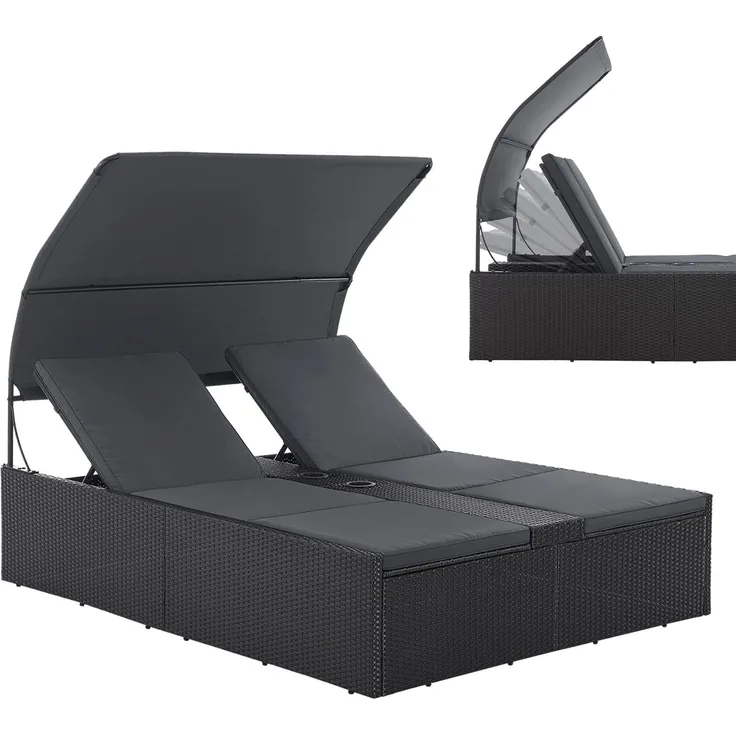 Juskys Polyrattan Doppelliege Syros - Garten Sonnenliege für 2 Personen - Outdoor Liege mit Dach & Auflagen - Kopfteil verstellbar - Schwarz