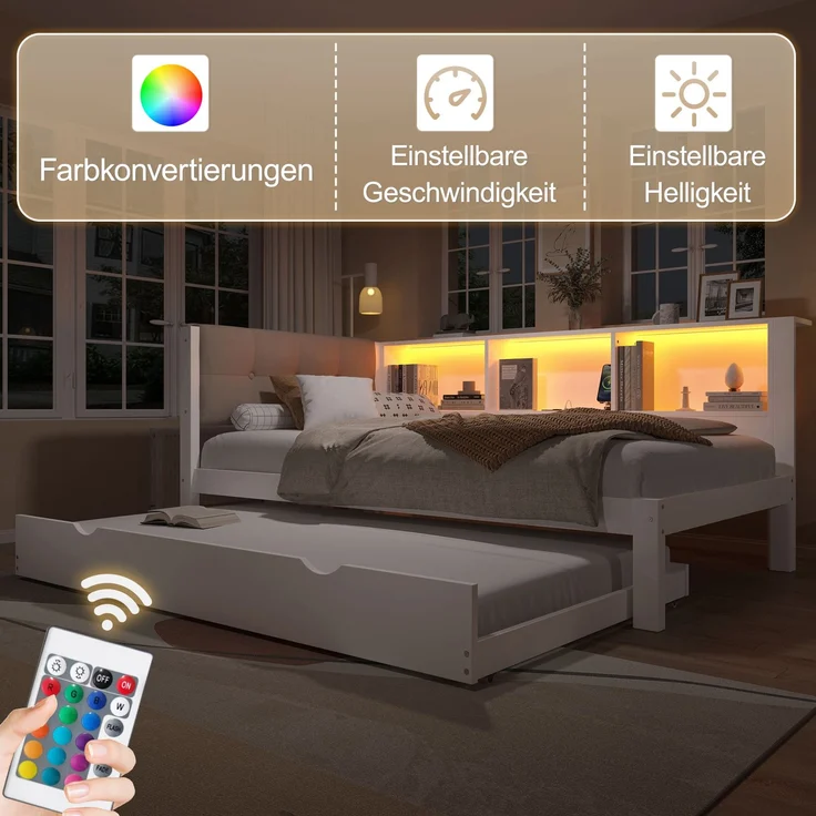 Merax Daybett, Tagesbett, Schlafsofa, 90x200cm, Einzelbett(Ohne Matratze), mit ausziehbarem Bett, mit dimmbarer LED-Leiste, mit praktischem Regal, mit USB-Anschluss, 90x200cm, Kiefernholz, Weiß – Bild 2