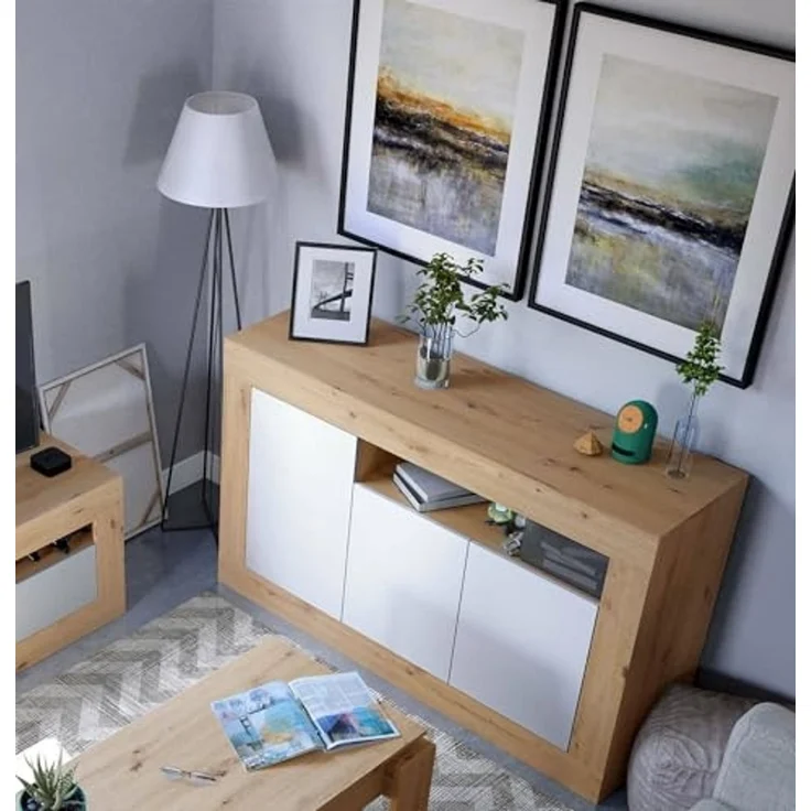 Dmora - Thornton Sideboard, Wohnzimmergarderobe, Wohnzimmerbuffet mit Fächern, TV-Ständer, modernes Sideboard mit 3 Türen, 144x42h87 cm, geknotete Eiche und Weiß – Bild 4