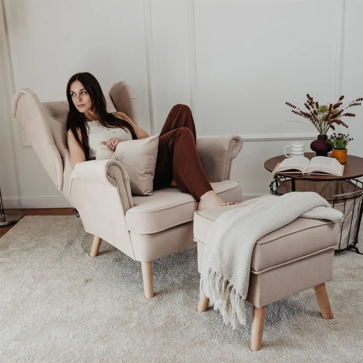 Sessel Ohrensessel ALISON inkl. Hocker in Stoff Trinity Beige – Bild 3