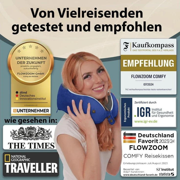 FLOWZOOM Nackenhörnchen COMFY Nackenkissen Flugzeug & Auto – Reisekissen Memory-Schaum, Nackenhörnchen für Erwachsene - Nackenkissen Reisen - verstellbar – Bild 4