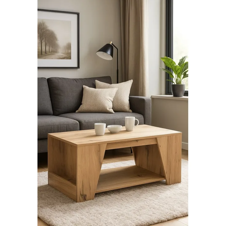 Moderner Couchtisch eichefarben 100x50 cm mit Ablageboden & seitlichen Fächern – Holzwerkstoff Wohnzimmertisch