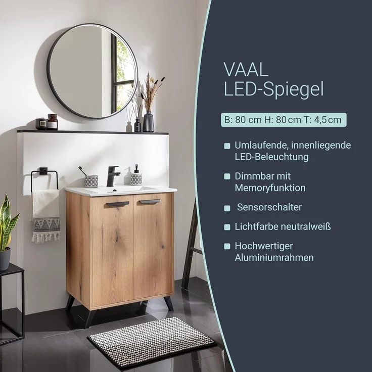BADEDU VAAL LED Spiegel Ø 80 cm, rund, Schwarz, Sensor – Bild 2