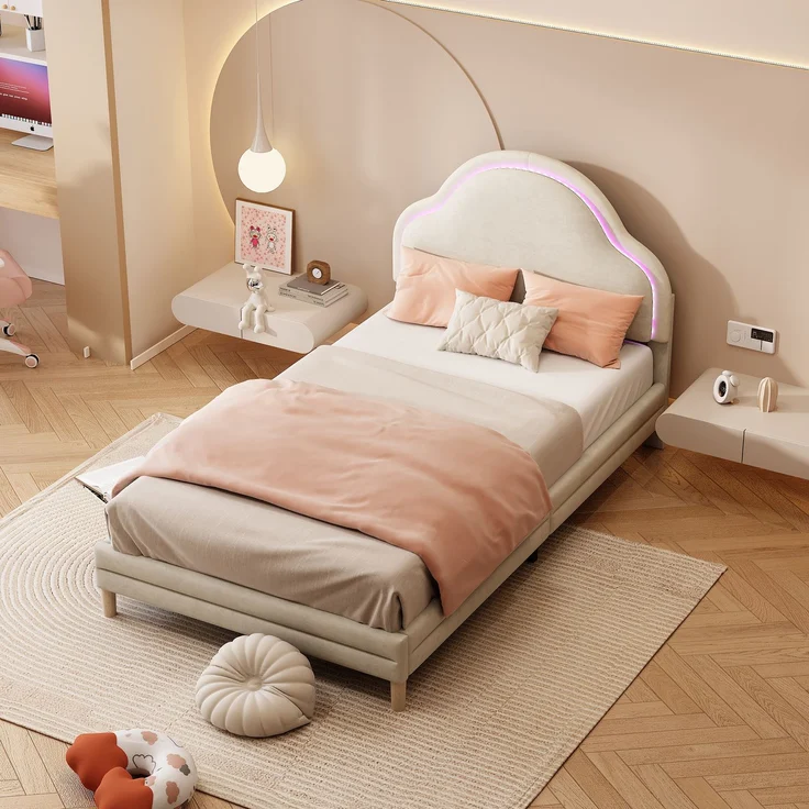 U-life Polsterbett 90x200 cm, Einzelbett und Kinderbett, mit wolkenförmigem Kopfteil, LED-Lichtleiste und Samtbezug, Beige – Bild 3