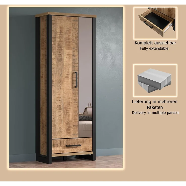 trendteam smart living – Enna – Garderobenschrank – Mango/Schwarz – Schrank mit 2 Türen, 1 Konstruktionsboden und 1 Schublade – (BxHxT) 73 x 195 x 39 cm – ausziehbare Kleiderstange – Bild 9